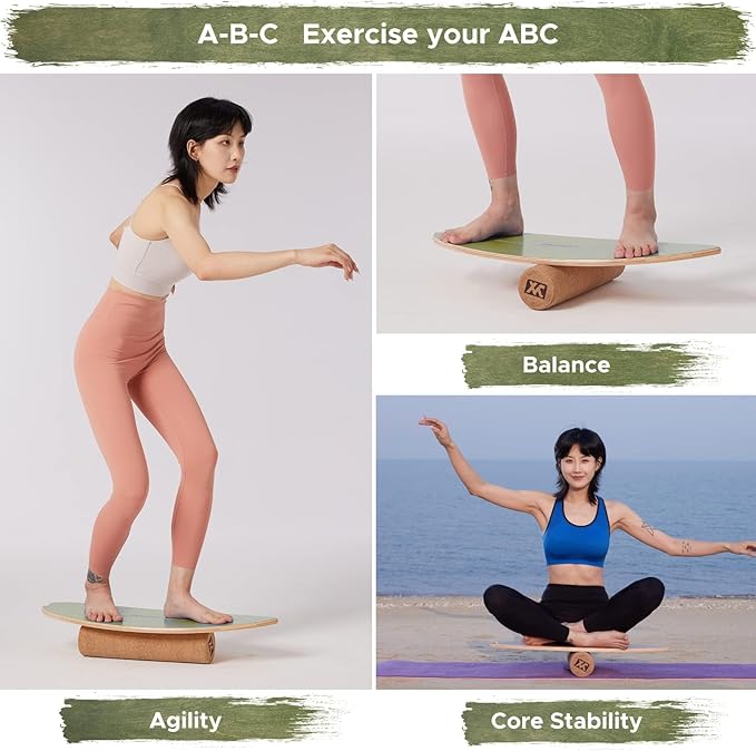 XCMAN Surf Balance Board Trainer with Roller Wooden Exercise Balancing Stability Trainer - Non Slip