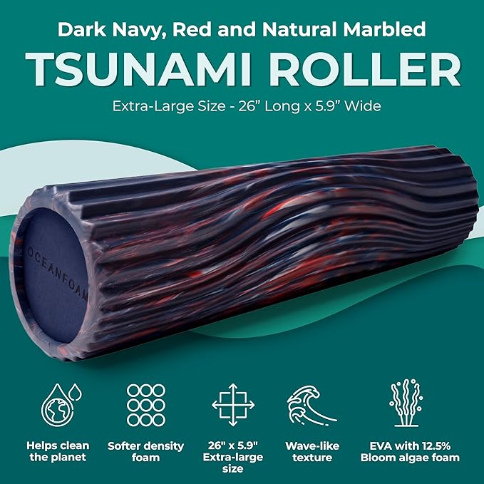 Oceanfoam Tsunami Roller (Dark Navy, Red & Natural Marbled) - Soft, Textured Foam Roller for