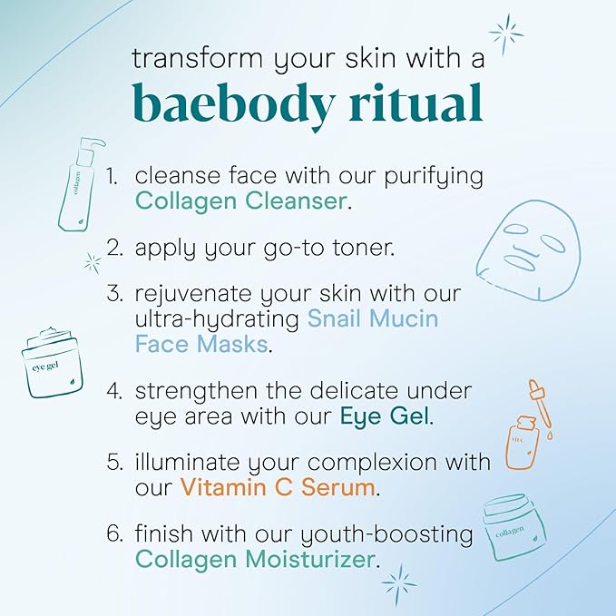 Baebody Snail Mucin Face Sheet Mask (6 pcs) - Anti Aging and Moisturizing Face Mask with Hyaluronic