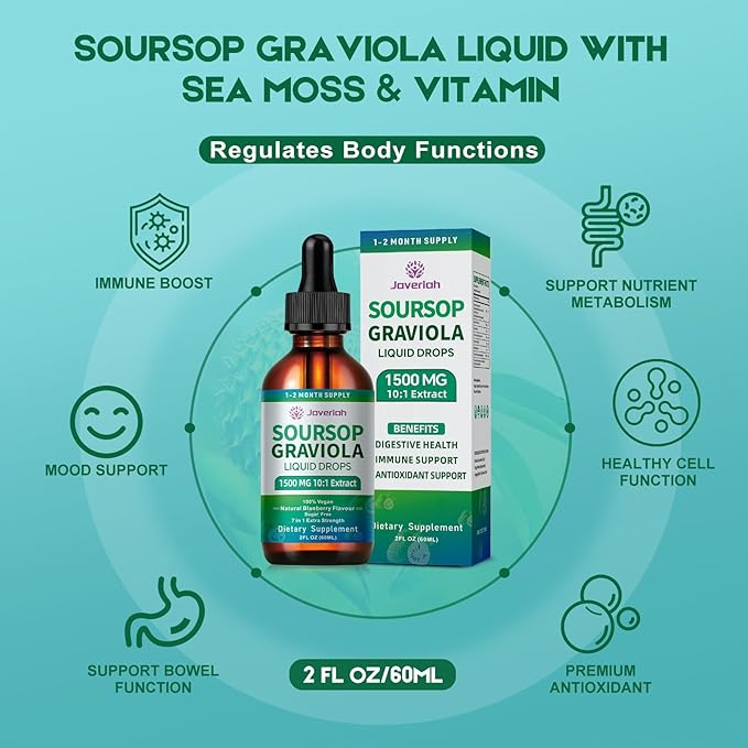 2 Pack Soursop Graviola Leaf Extract Liquid Drops Supplement with Irish Sea Moss & Turmeric for