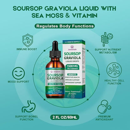 2 Pack Soursop Graviola Leaf Extract Liquid Drops Supplement with Irish Sea Moss & Turmeric for