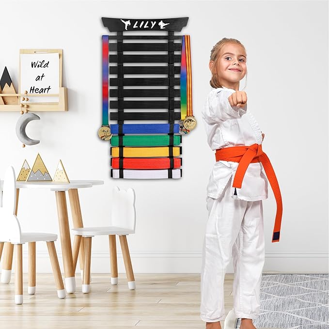12 Belts Karate Belt Display Rack with Stickers, Martial Arts Belt Display Holder, Taekwondo Belt