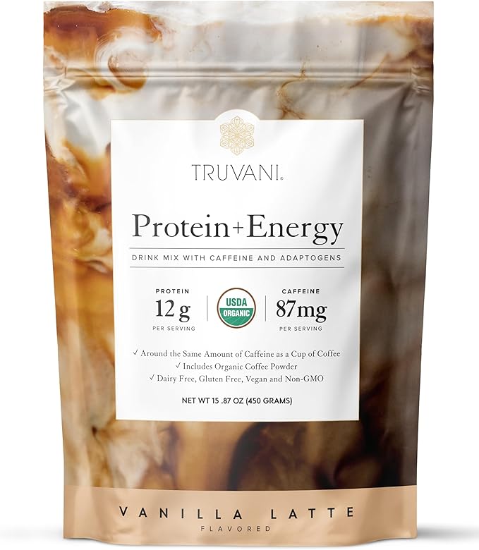 Truvani Protein + Energy Drink Mix with 87mg Caffeine | Vanilla Latte | 12g Organic Plant Based
