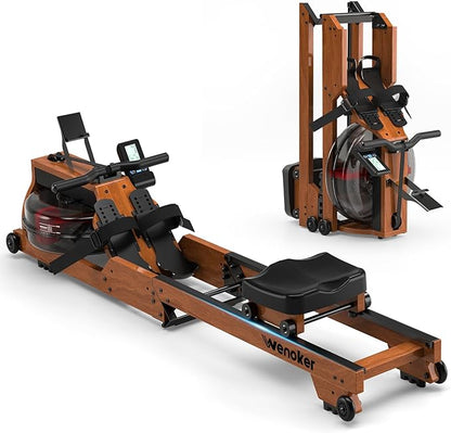 Water Rowing Machine for Home Use, WENOKER Wooden Foldable Rower Machine with Adjustable Monitor &