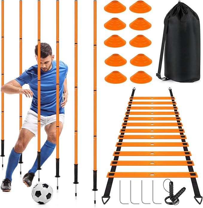 Soccer Agility Training Equipment: 6 Soccer Agility Poles, 20ft Agility Ladder, 10 Soccer Cones, 1
