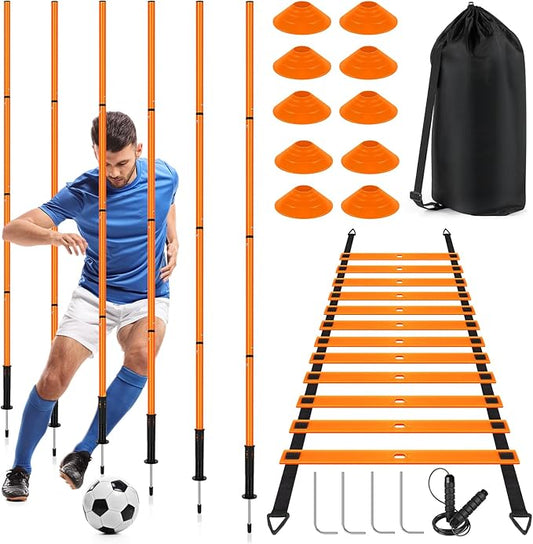 Soccer Agility Training Equipment: 6 Soccer Agility Poles, 20ft Agility Ladder, 10 Soccer Cones, 1