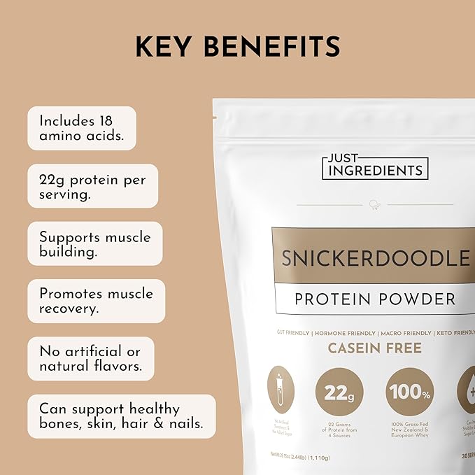 JUST INGREDIENTS Snickerdoodle Protein Powder ??30-Serving Blend with 100% Grass-Fed Whey & Organic