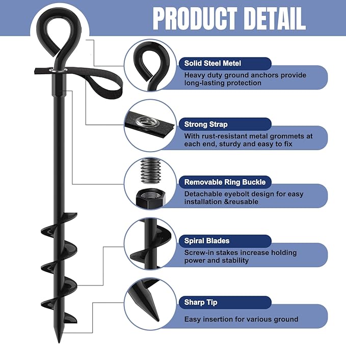 Eurmax USA Trampoline Stakes Screw in Tent Stakes Parts Heavy Duty for Canopies,4-Pack Outdoor