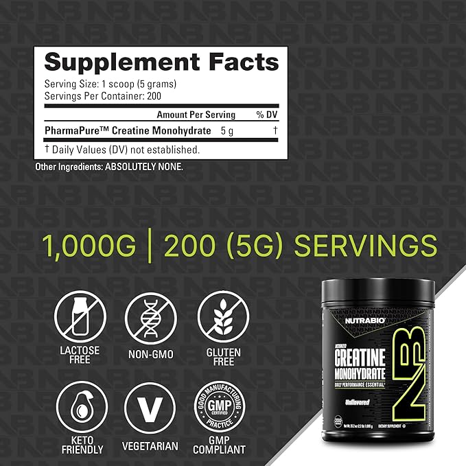 NutraBio Pure Micronized Creatine Monohydrate Powder Supplement, Unflavored, (1000 g) - Supports