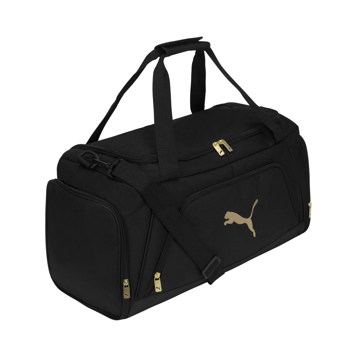 PUMA Accelerator Duffel Bag with Removable Strap & Shoe Pocket, Black/Gold, One Size