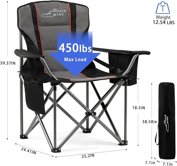 FAIR WIND 2 Pack Oversized Fully Padded Camping Chair with Lumbar Support, Heavy Duty Cooler Bag