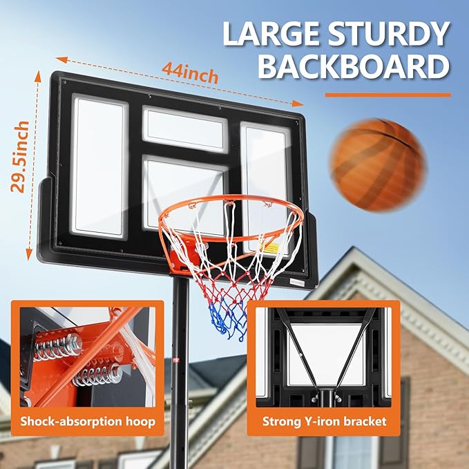 Sweetcrispy Portable Basketball Hoop Outdoor 6.1-10FT Adjustable Height, 44 Inch Shatterproof