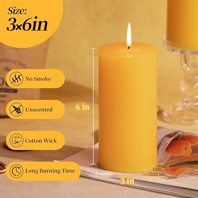 KONNI Yellow Pillar Candles Set of 3, 3"x 6" Unscented Pillar Candles Bulk, 56 Hours Long Burning