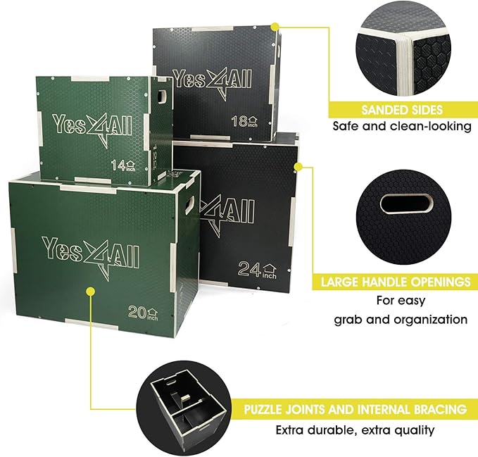 Yes4All 3 in 1 Non-Slip Wooden Plyo Box, Step Up Box for Workout, Plyometric Jump Box for Skipping