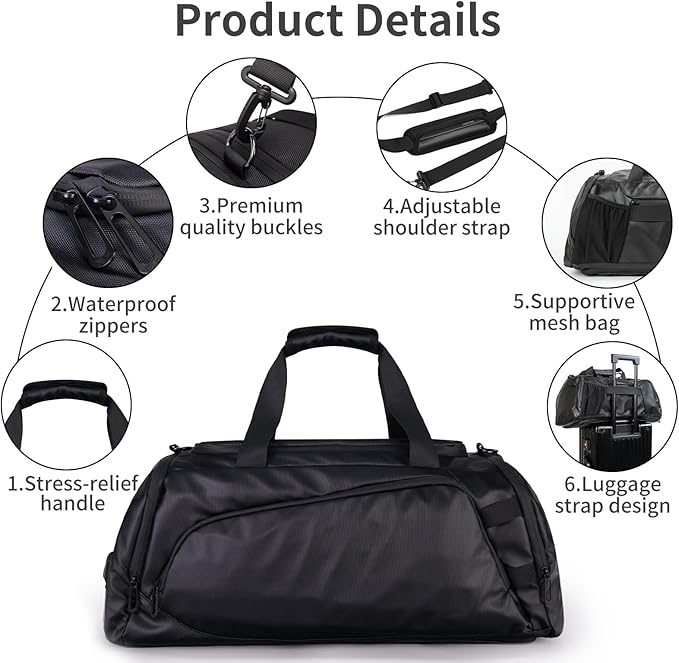Duffle Bag for Travel, Carry on Gym Bag for Men, Waterproof Sport Bags with Shoe Compartment, 40L