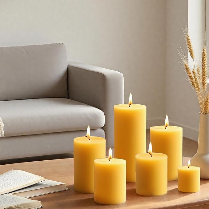 Natural Beeswax Candles Set of 6, Handmade Beeswax Pillar Candles Set, 6 Sizes, 100% Pure Unscented