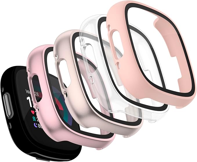 Vancle Case for Fitbit Versa 4 / Fitbit Sense 2, 4-Pack Screen Protector Tempered Glass Full Around