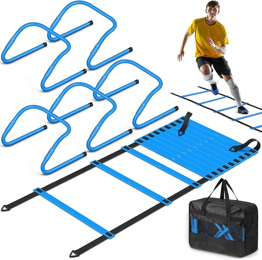 Speed and Agility Training Equipment: 5 Adjustable Agility Hurdles. 20ft Agility Ladder, Soccer