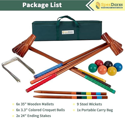 35’’ Deluxe Croquet Set, Six Player Croquette Game with Premium Wooden Mallets, Colored Balls