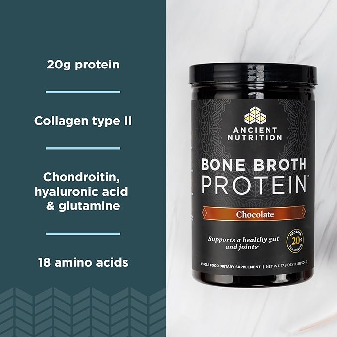 Ancient Nutrition Grass Fed, Cage Free, Bone Broth Protein Powder, 20g Protein, Hydrolyzed Collagen