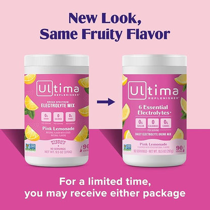 Ultima Replenisher Daily Electrolyte Powder Drink Mix – Sugar Free – Pink Lemonade, 90 Serving