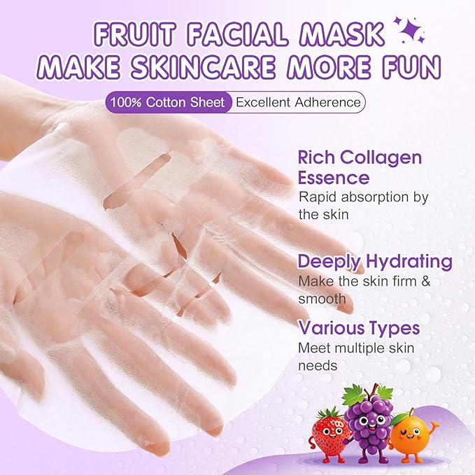 70 Pack Collagen Hydrating Face Masks Skincare for Women, Cute Fruit Face Mask Skin Care for Kids