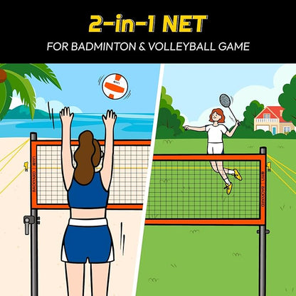 A11N Outdoor Volleyball and Badminton Combo Set - Includes Adjustable Height Anti-Sag Net