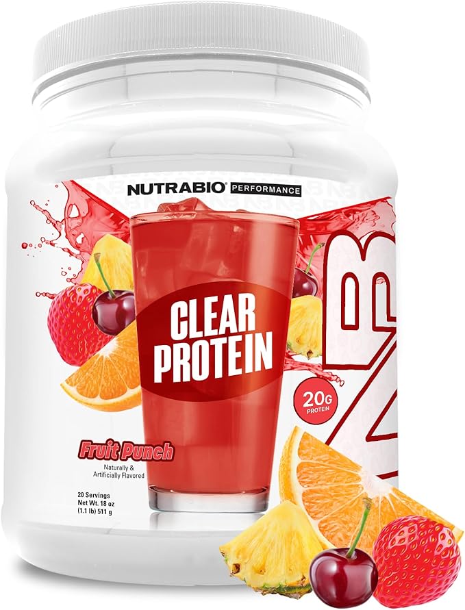 NutraBio Clear Protein Powder, Fruit Punch - 20 Servings, 20g Clear Whey Protein Isolate, 0 Sugar