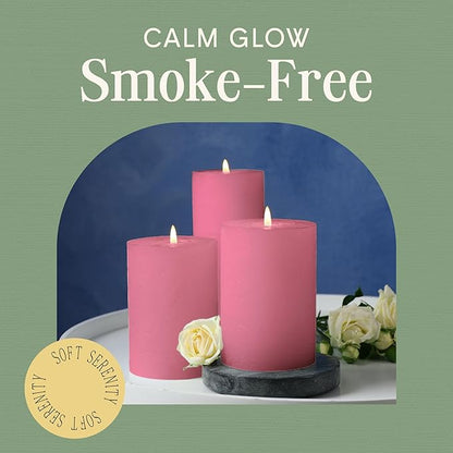 Mister Candle Dripless Unscented Pillar Candles, Set of 3 Hand Poured Pink Pillar Candles, Solid