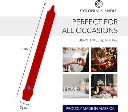 Colonial Candle Unscented Taper Candle, Classic Collection, Red, 10 in, Pack of 12 - Up to 8 Hours