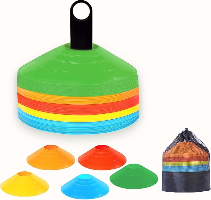 Soccer Cones 100/50/25 Pack with Carry Bag & Holder Five Colors | Agility Disc Cones Set for