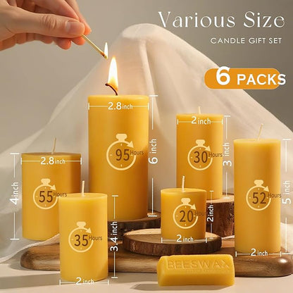 Natural Beeswax Candles Set of 6, Handmade Beeswax Pillar Candles Set, 6 Sizes, 100% Pure Unscented