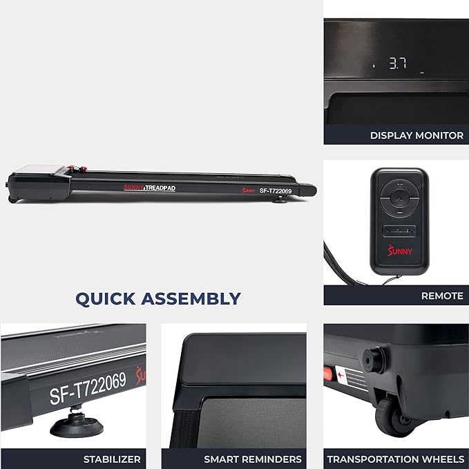 Sunny Health & Fitness Sleek Compact Smart Treadpad Treadmill with 6-Level Auto Incline, Remote