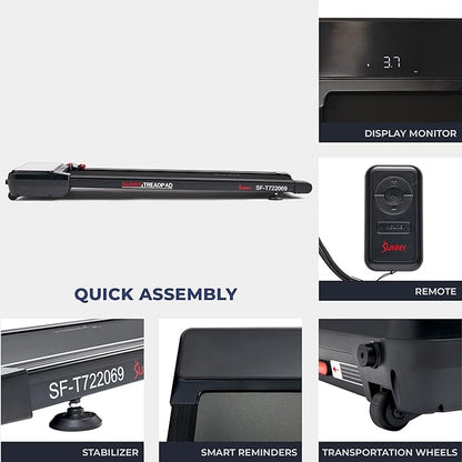 Sunny Health & Fitness Sleek Compact Smart Treadpad Treadmill with 6-Level Auto Incline, Remote