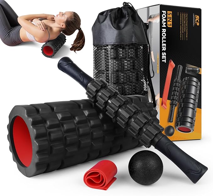 5 in1 Foam Roller Set, Trigger Point Foam Roller, Massage Roller Stick, Massage Ball, Resistance