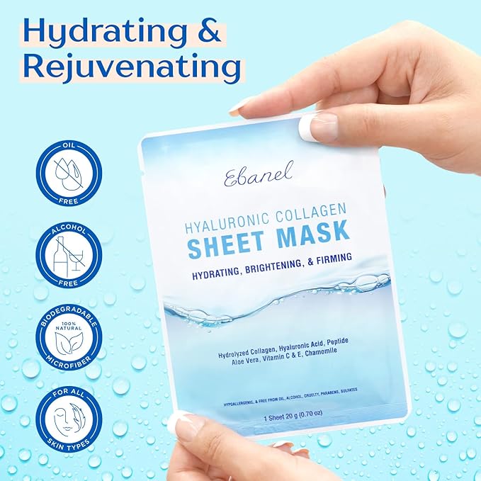 Ebanel 10 Pack Collagen Face Mask with Hyaluronic Acid, Vitamin C, Peptide, Aloe, Instant