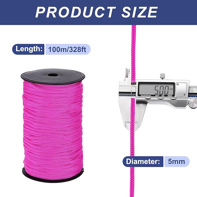 MECCANIXITY 3/16 Inch Polypropylene Rope Braided Ropes, 328ft Nylon Rope Hollow Utility Cord for