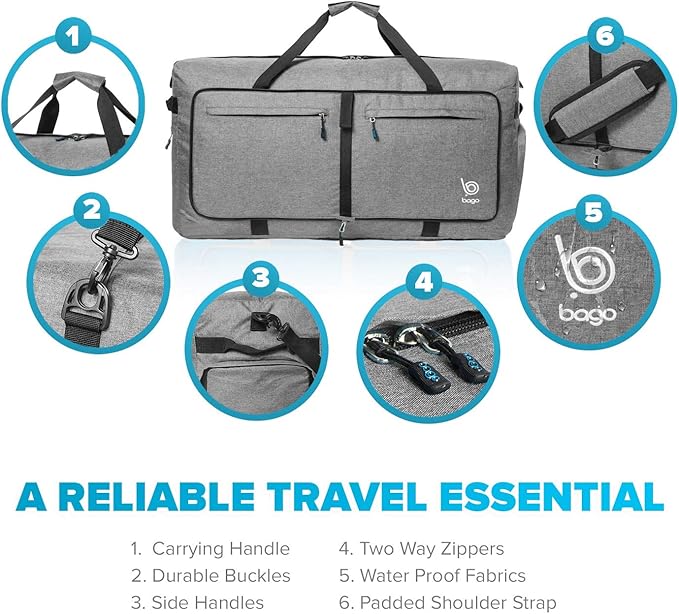 Bago Large Foldable Duffel Bags for Traveling Women & Men - 100L Packable Duffle Bag for Travel