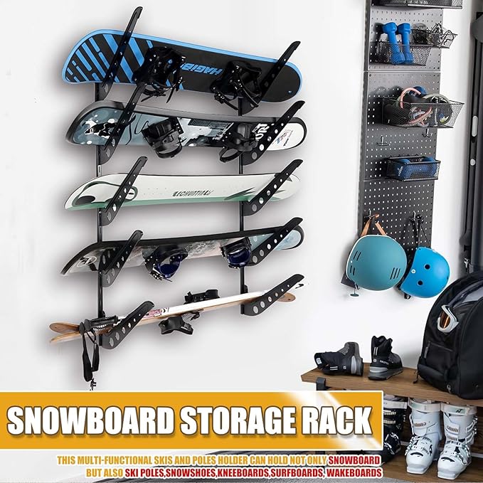 5 Board Snowboard Wall Racks, Adjustable Storage Rack for Ski, Surfboard, Wakeboard, Snowboard Wall