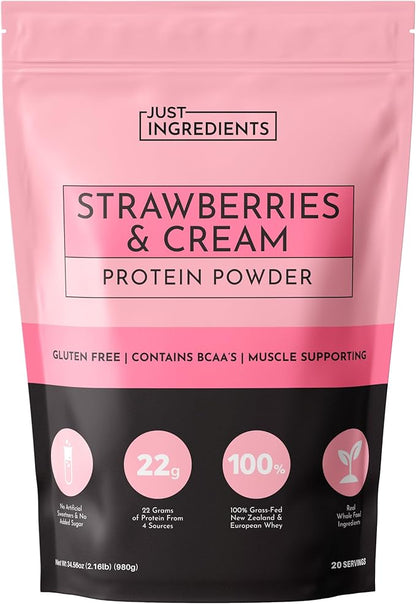 JUST INGREDIENTS Strawberries & Cream Protein Powder ??20-Serving Blend with 100% Grass-Fed Whey &