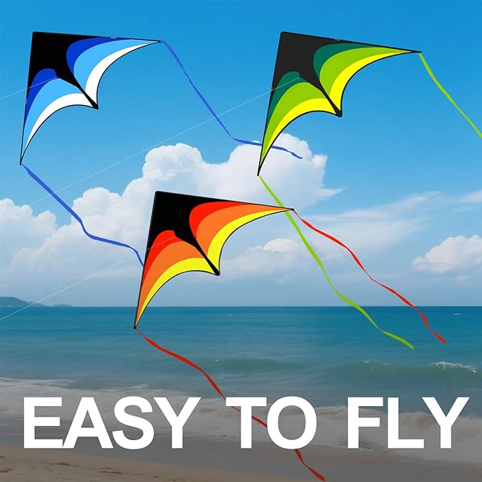 3 Pack Delta Kite Set for Adults and Kids, Single Line Beach Kites for Boys & Girls, Three Handle