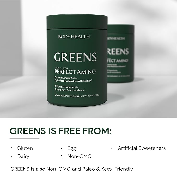 BodyHealth Greens Enhanced with PerfectAmino - Daily Superfood Green Apple Smoothie Powder with