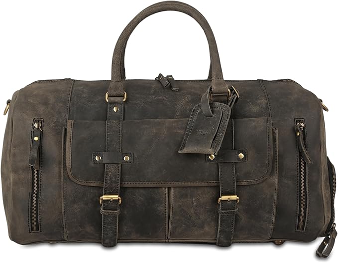 KomalC 24 Inch Leather Duffel Bags for Men and Women Full Grain Leather Travel Overnight Weekend