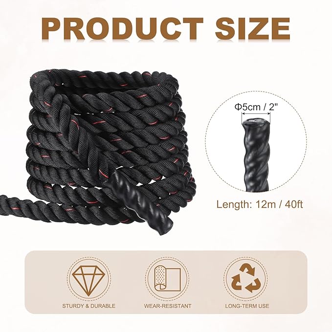 MECCANIXITY Battle Rope 40ft x 2 Inch Polyester Workout Rope Heavy Fitness Exercise Rope for