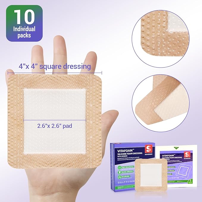 Silicone Foam Dressing 4" x 4" with Border, High Absorbency Wound Bandage, Gentle Adhesion, Soft