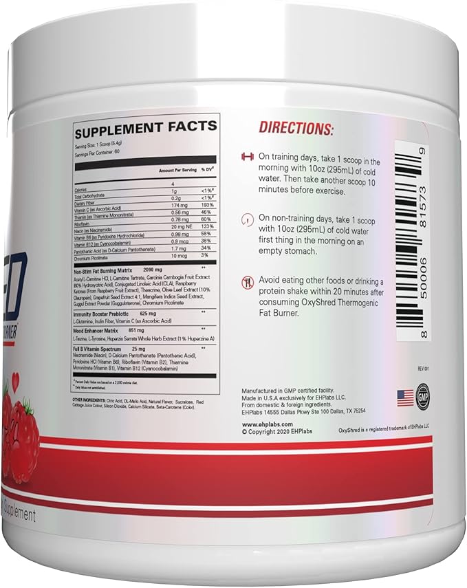 EHP Labs OxyShred Non Stimulant Pre Workout Powder - Stim Free, Caffeine Free Preworkout for Men &