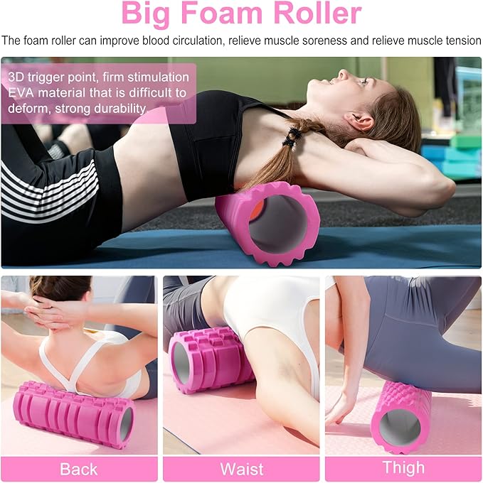 5 in 1 Foam Roller Set Includes Hollow Core Massage Roller, Yoga Stick, Massage Ball, Fitness