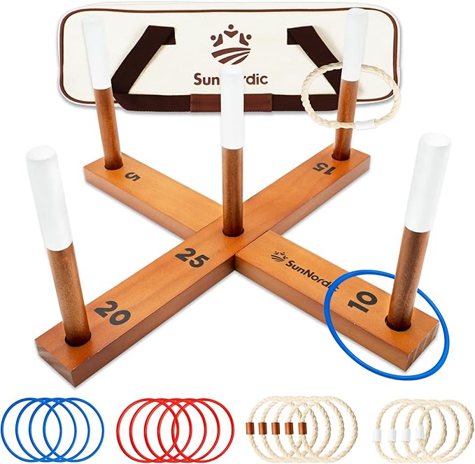 Wooden Ring Toss Game Set, Backyard Beach Camping Game with Toss Rings & Portable Carrying Bag