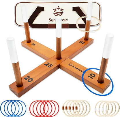 Wooden Ring Toss Game Set, Backyard Beach Camping Game with Toss Rings & Portable Carrying Bag