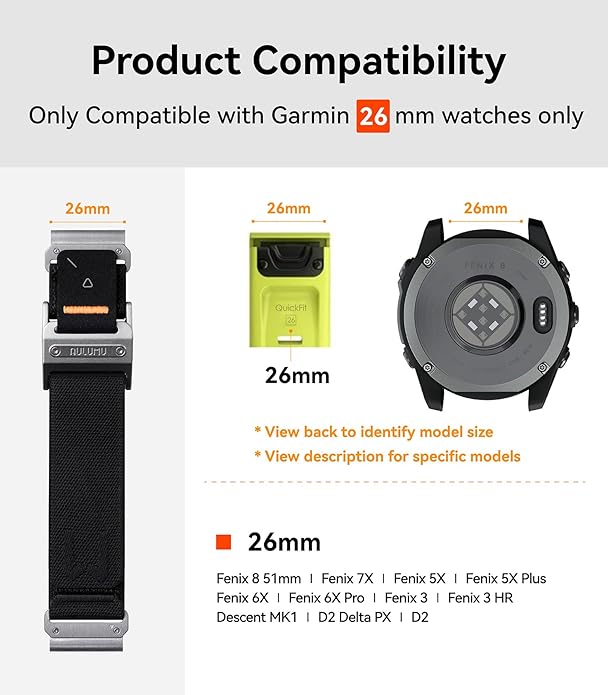 Aulumu C11 for Garmin Watch Band 26MM | Mag Buckle Slim Band | Memory Quick Release | Velvet Nylon